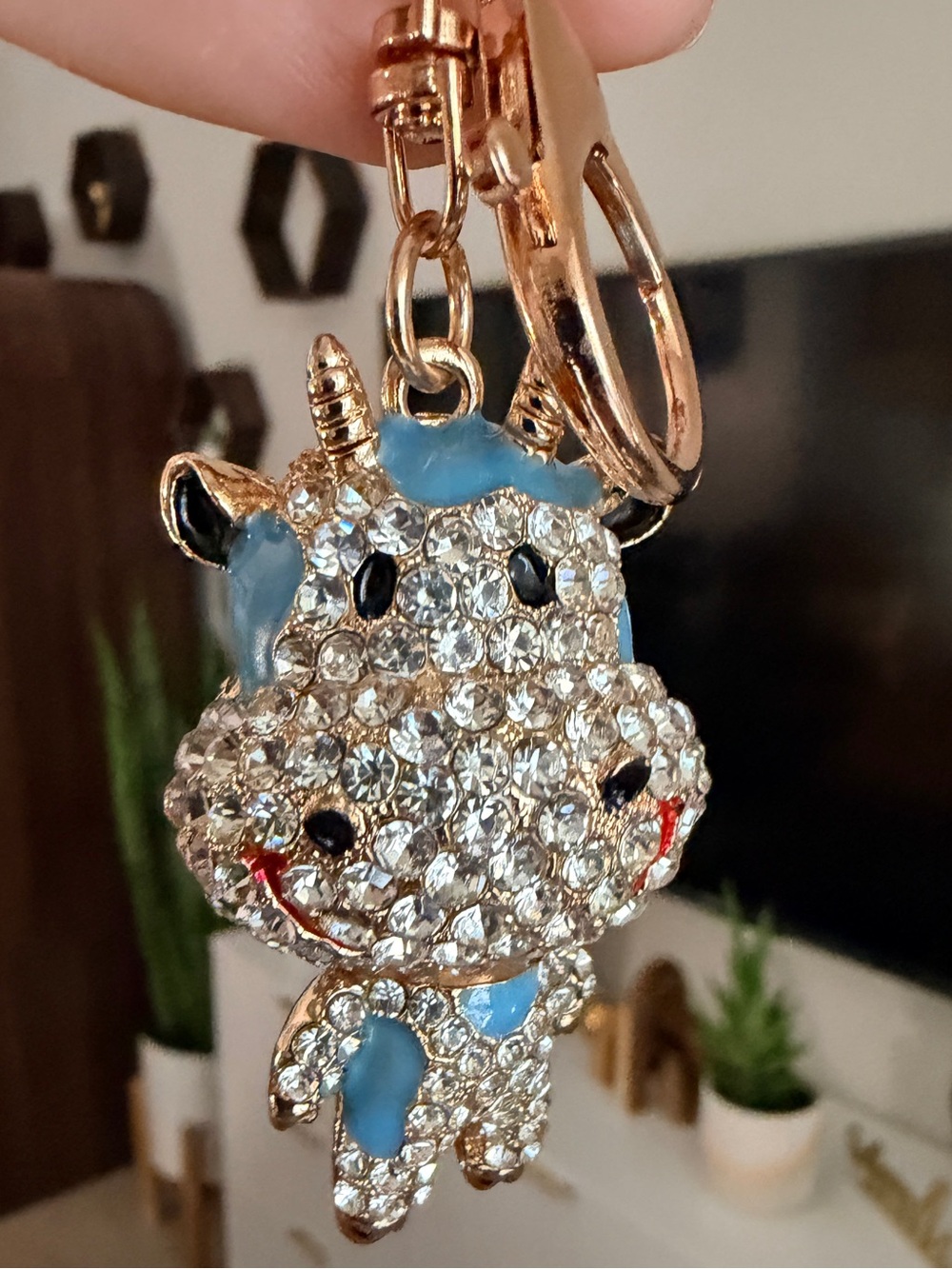 Rhinestone Cow Bag Charm Keychain Blue Enamel Rose Gold Tone